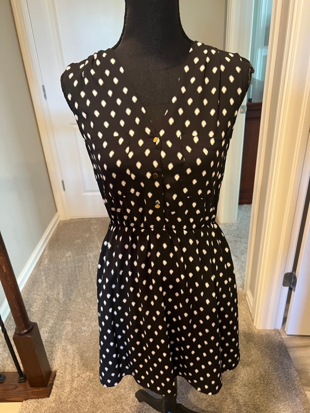 H&M Black Mini Dress with White Dot Pattern and Button Front - Picture 1 of 8